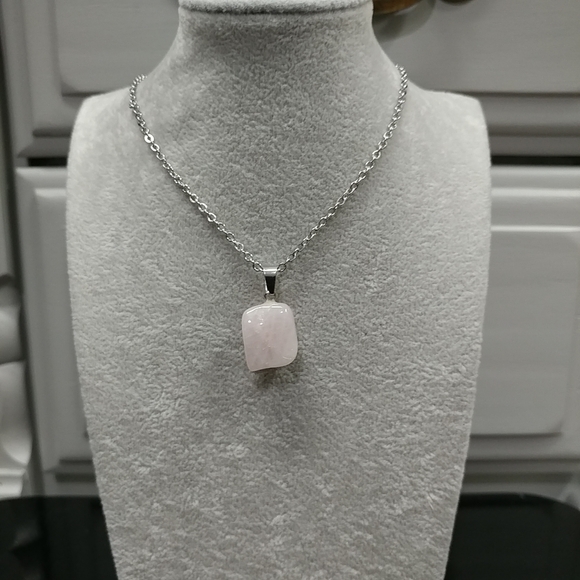 Rose Quartz Necklace Natural Gemstone Crystal Pendant Stainless-Steel Chain Pink - Picture 9 of 16